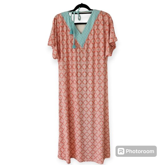 Cabana Life Multicolor Batik print Neck short sleeve mumu swim coverup size larg - Picture 3 of 5